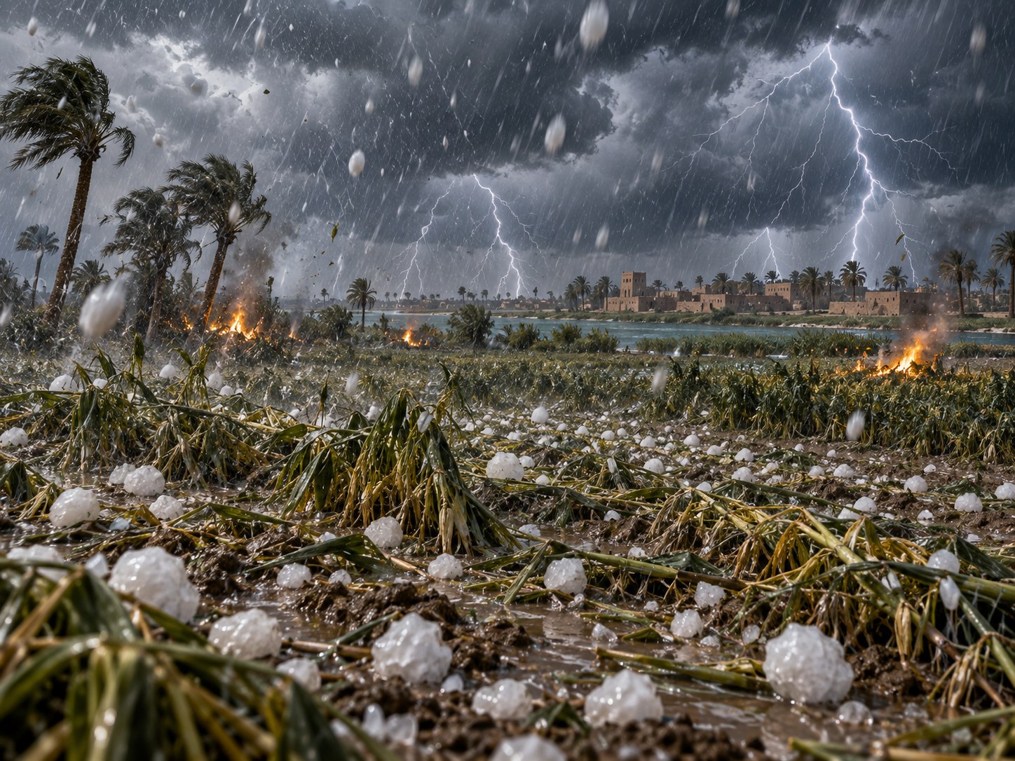 Pedras de granizo caindo em meio a clarões de fogo sobre uma planície egípcia à noite, com templos e obeliscos iluminados pelos relâmpagos ao fundo.