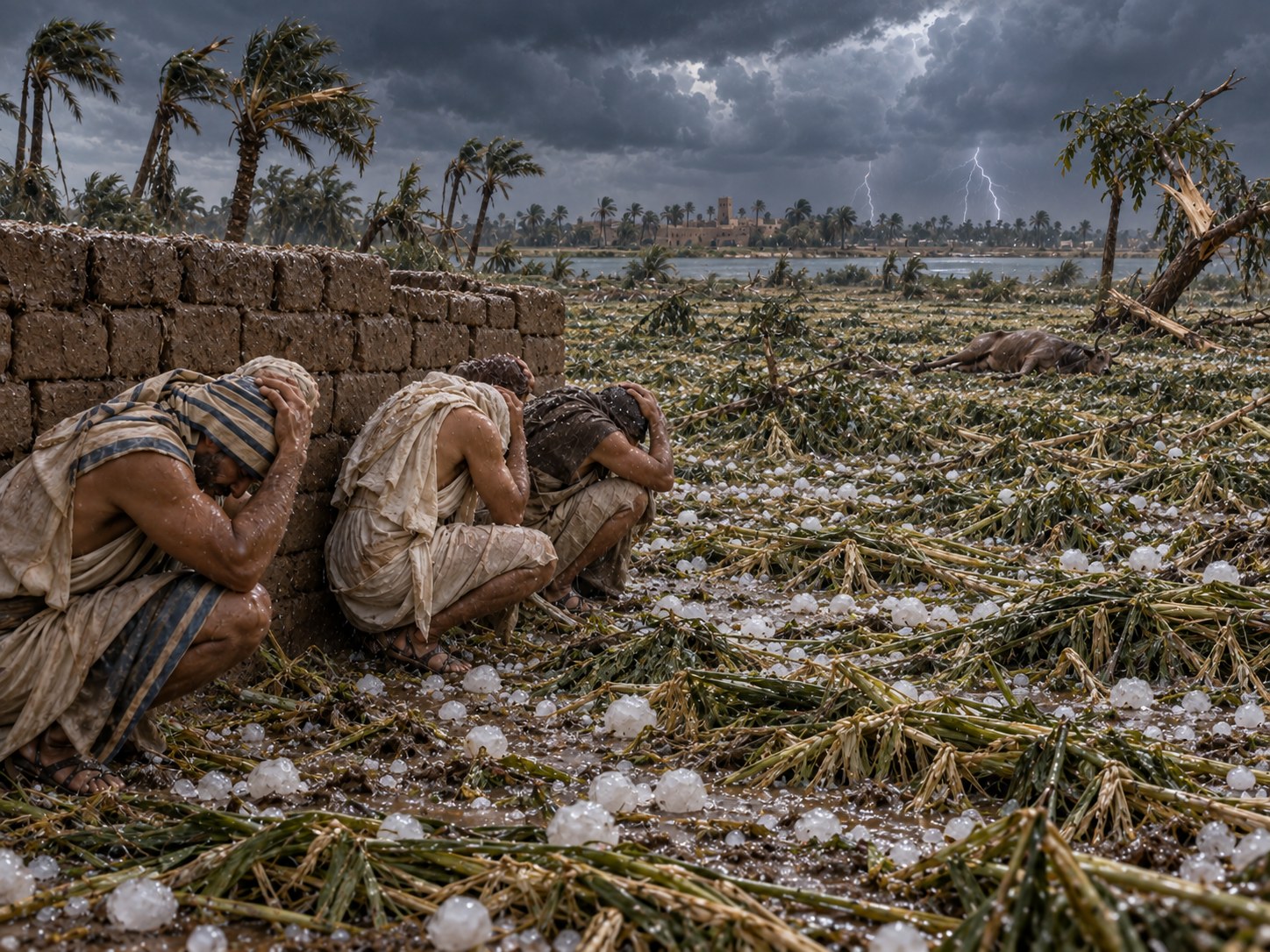 Pomar egípcio de tamareiras e sicômoros depois da tempestade, com galhos partidos e troncos quebrados no chão coberto de pedras de gelo, sob um céu que clareia.