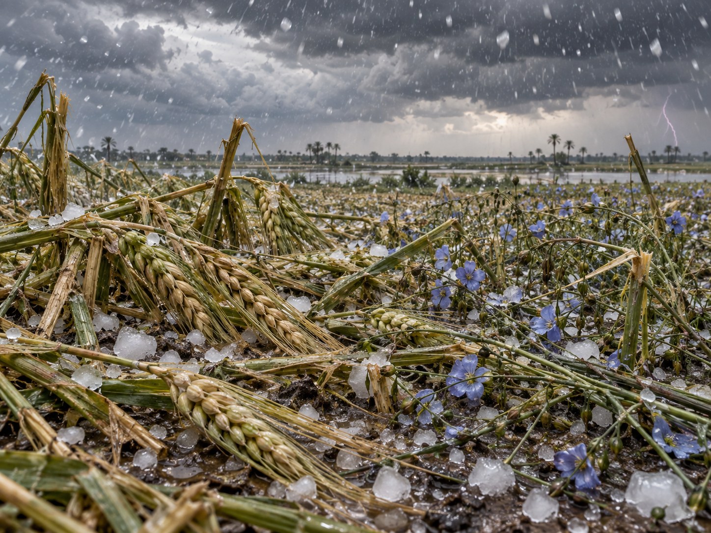 Campo egípcio devastado pelo granizo, com hastes de cevada quebradas e pés de linho de flores azuis caídos na lama, e um camponês olhando a perda.