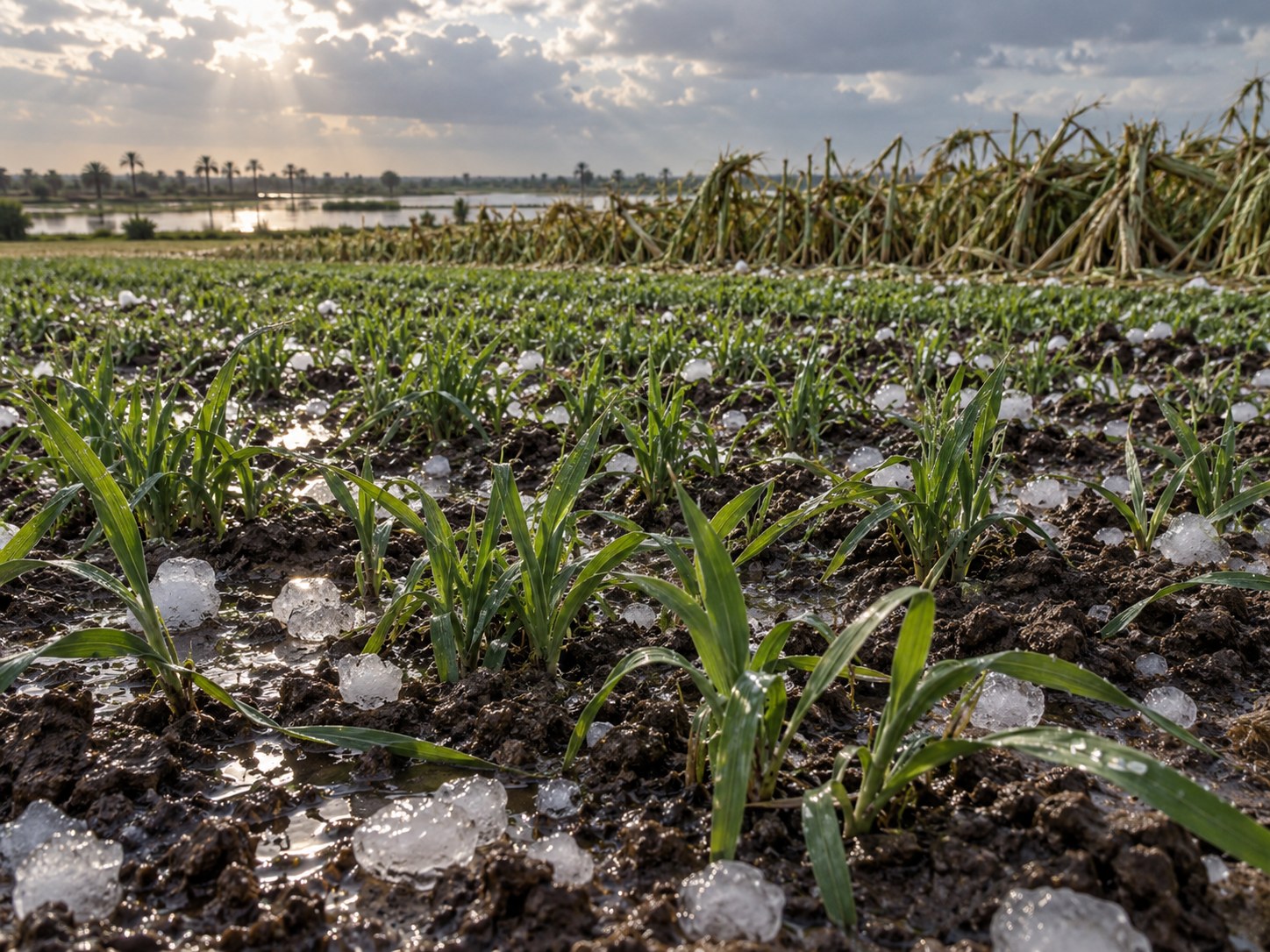 Campo egípcio depois da tempestade, com a cevada alta quebrada ao fundo e, em primeiro plano, fileiras de trigo ainda baixo e verde, intacto sob o céu que clareia.