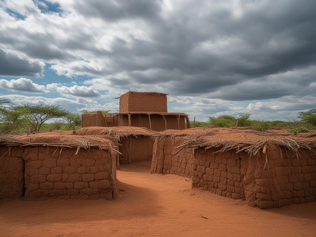 Um assentamento primitivo de cabanas de tijolo de barro cru e uma plataforma elevada rudimentar de barro, ceu dramatico; nada monumental, tudo tosco