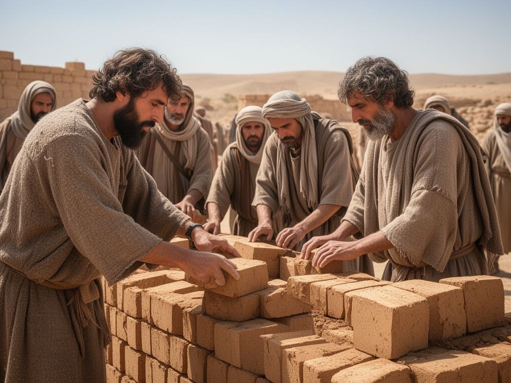 Homens rusticos empilhando tijolos de barro cru sob o sol para erguer um povoado simples e primitivo, sem muralhas, tudo rudimentar