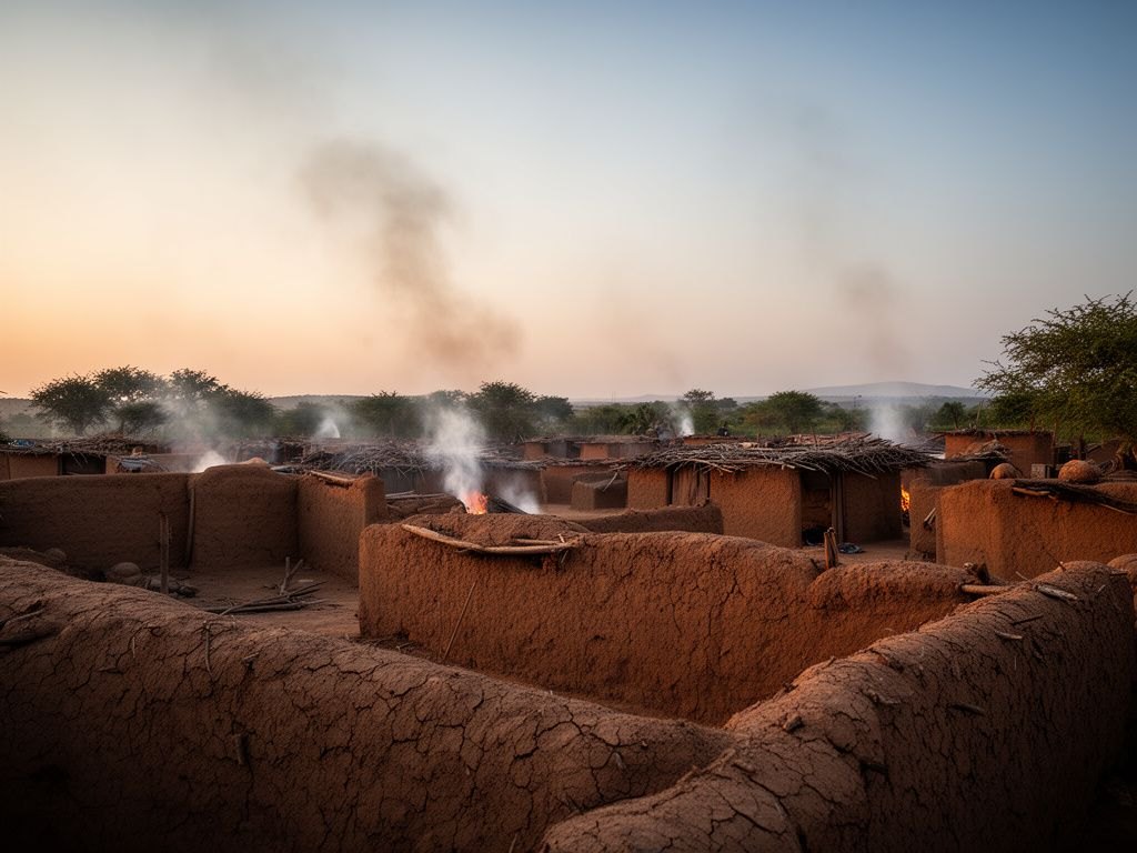 Um aglomerado de casas primitivas de barro cru ao entardecer, muros baixos e toscos, fumaca de fogueiras, humilde