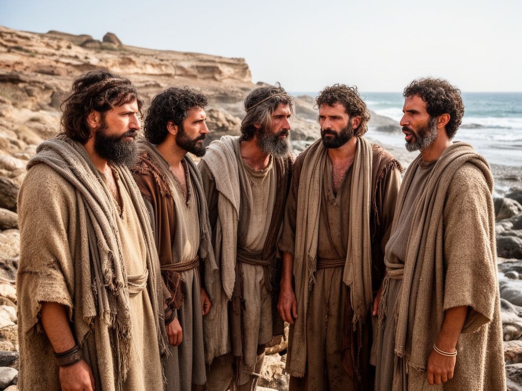 Grupo de homens rusticos vestidos de la e couro numa praia rochosa, apenas as pessoas em terra, humildes, sem barcos nem navios