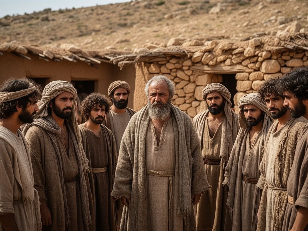 Um patriarca cananeu rustico com seus filhos ao redor, aldeia simples de cabanas toscas de barro e pedra numa encosta arida, figuras humildes de la crua, sem barcos nem mar