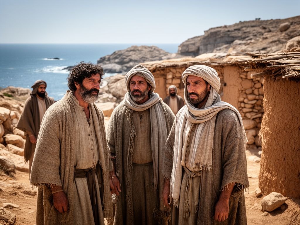 Pequeno povoado rustico de cabanas toscas de barro e pedra numa costa rochosa, alguns homens humildes de la crua, sem barcos nem jangadas