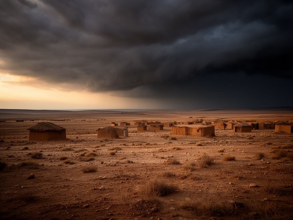 Ampla paisagem arida do Levante ao entardecer, da costa distante ate a planicie, apenas pequenos povoados primitivos de cabanas de barro ao longe, ceu carregado e sombrio de juizo iminente, nada moderno