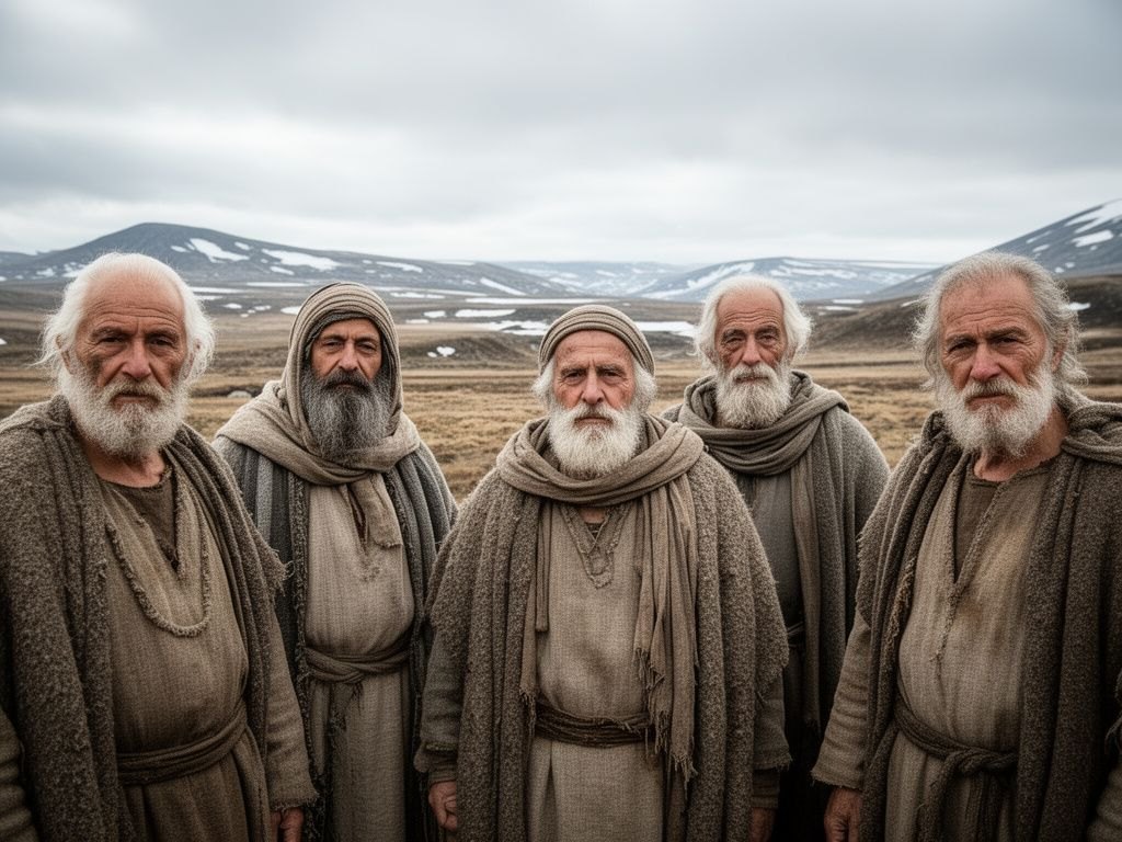 Grupo de homens anciaos do norte, de pele clara e mantos de la grossa, em pe numa estepe fria e montanhosa do norte, ceu nublado