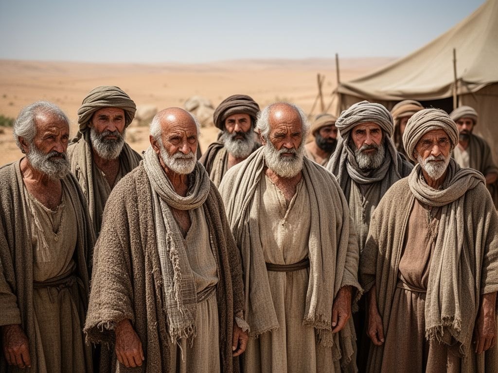 Grupo de homens semitas anciaos numa paisagem entre a Mesopotamia e o Levante, mantos simples, tendas ao fundo