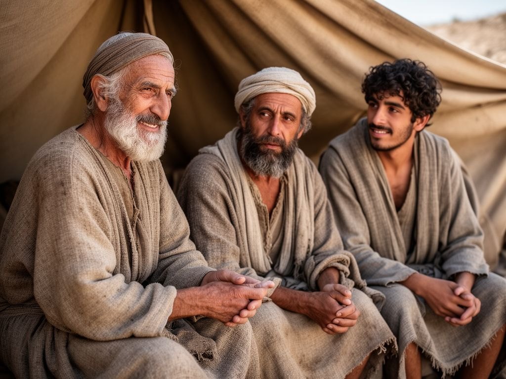 Tres geracoes de homens semitas, do anciao ao jovem, reunidos junto a uma tenda, transmissao de linhagem