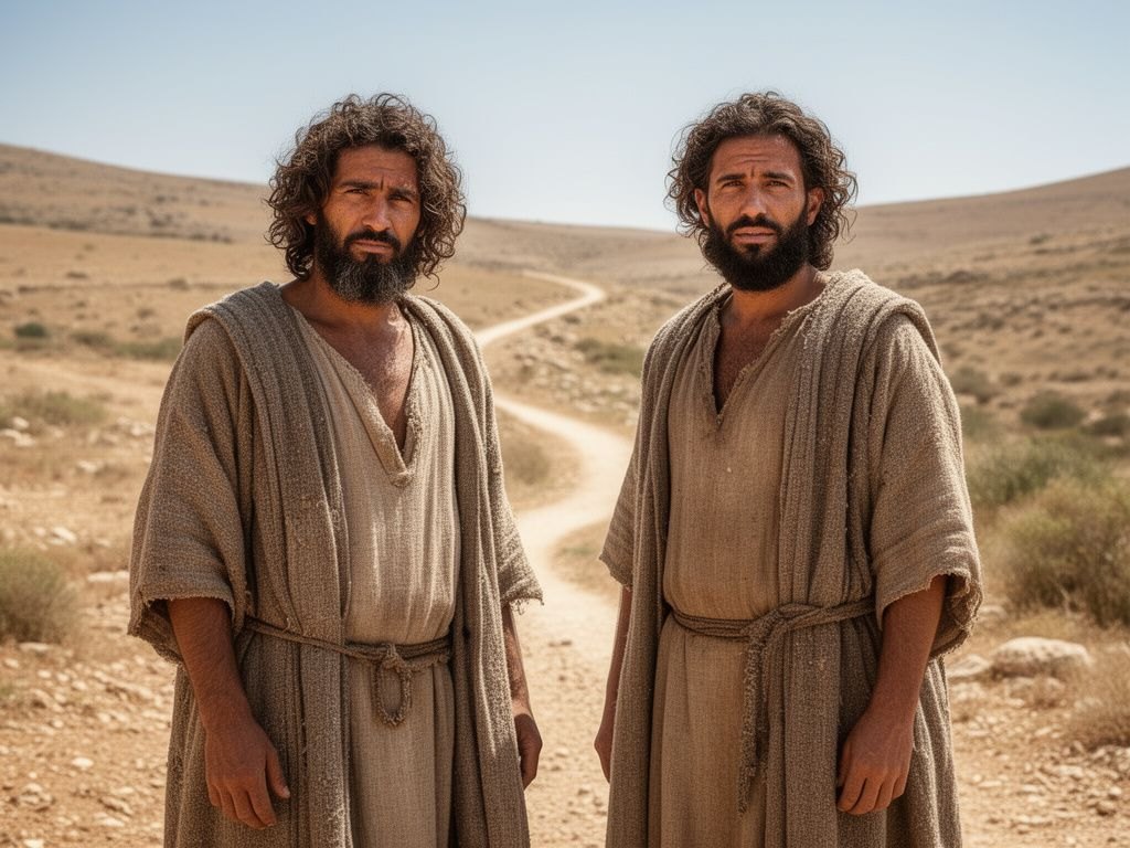 Dois irmaos numa encruzilhada de dois caminhos numa paisagem antiga: um rumo a terra habitada, outro rumo ao deserto