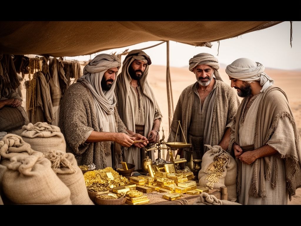 Mercadores arabes exibindo ouro e bens preciosos, sacos e balancas, tenda de comercio no deserto