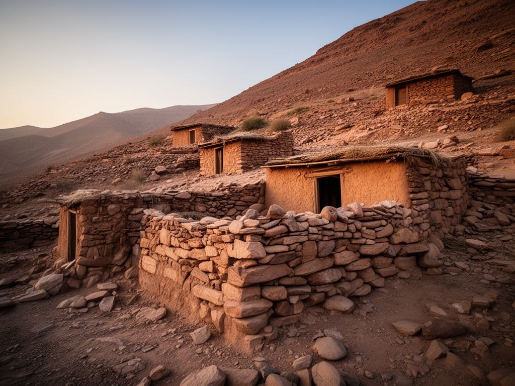 Pequenas cabanas rusticas de pedra tosca encravadas numa encosta montanhosa arida do sul da Arabia, ao amanhecer, humilde e primitivo