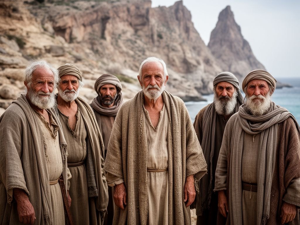 Grupo de homens anciaos rusticos de la crua e mantos toscos, em pe numa paisagem rochosa costeira do Mediterraneo, penhascos ao fundo, apenas as pessoas em terra, sem barcos