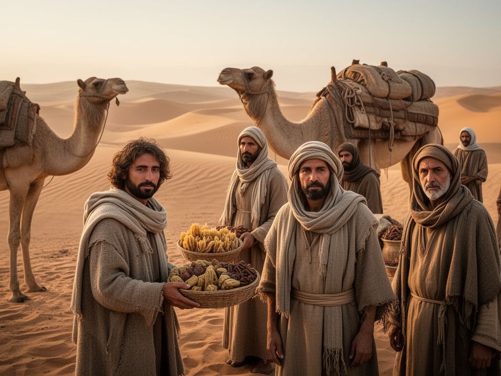 Mercadores da Arabia e do Mar Vermelho com camelos e fardos de incenso e especiarias, dunas de deserto ao entardecer
