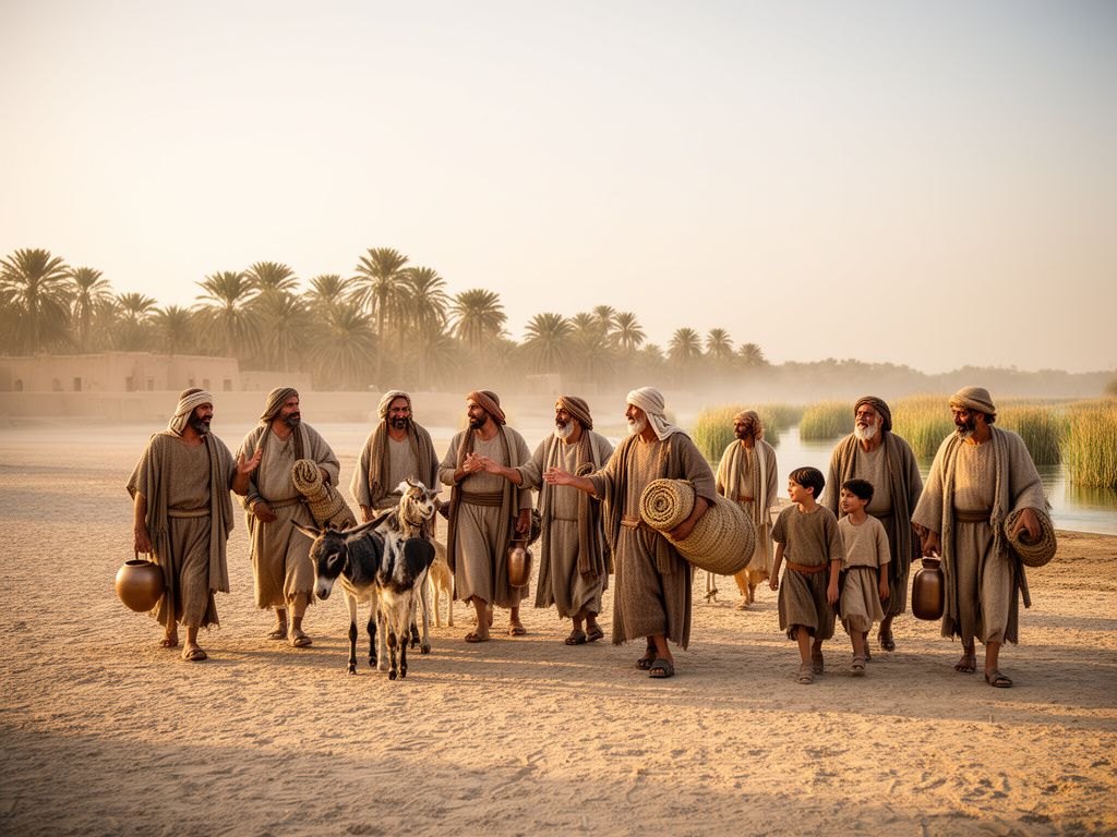 Vista ampla da planície de Sinear ao amanhecer: famílias com roupas rústicas caminham juntas e conversam sobre a terra plana de silte claro, com tamareiras e canais ao fundo, sob um céu claro e poeirento da Mesopotâmia antiga.