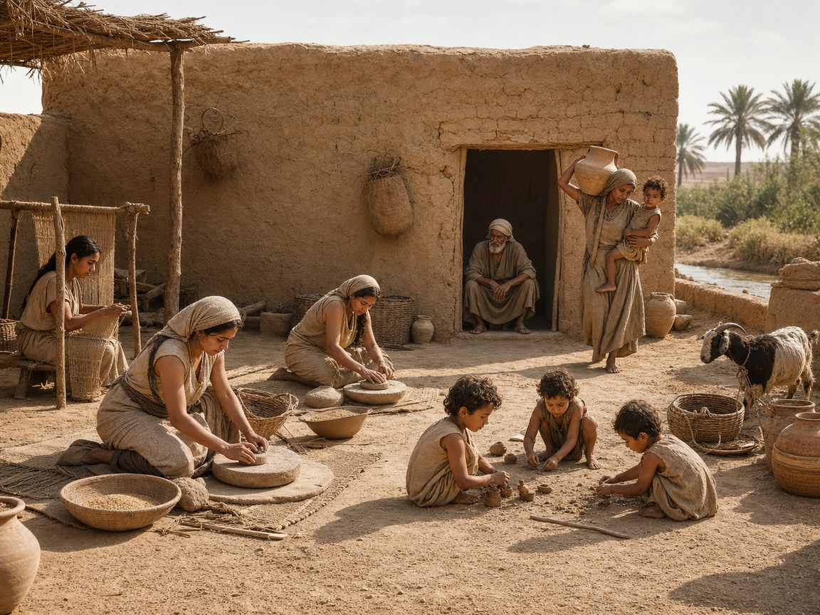 Pátio de uma casa de barro na planície da Mesopotâmia, cheio de vida comum: mulheres moendo grãos em pedras, crianças brincando na terra batida, potes de cerâmica e cestos encostados nas paredes de tijolo cru, e um homem idoso sentado à porta, sob a luz quente do fim da tarde.