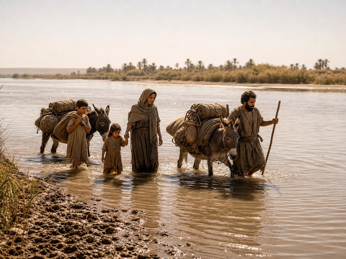 Família da antiguidade atravessando a vau um rio largo e raso na planície da Mesopotâmia, com água pelos joelhos, burros de carga levando trouxas e crianças conduzidas pela mão, sob a luz forte do fim da tarde, com a margem oposta e as tamareiras ao longe.
