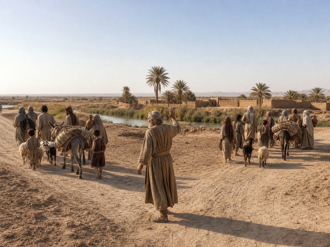 Dois grupos familiares se despedem numa bifurcação de caminhos de terra na larga planície da Mesopotâmia. Cada grupo segue para um lado oposto, levando jumentos carregados, cabras, ovelhas e trouxas de tecido. Homens, mulheres e crianças com roupas rústicas de lã e linho da época. Ao fundo, tamareiras, canais de irrigação e um céu amplo e claro de meio da manhã.