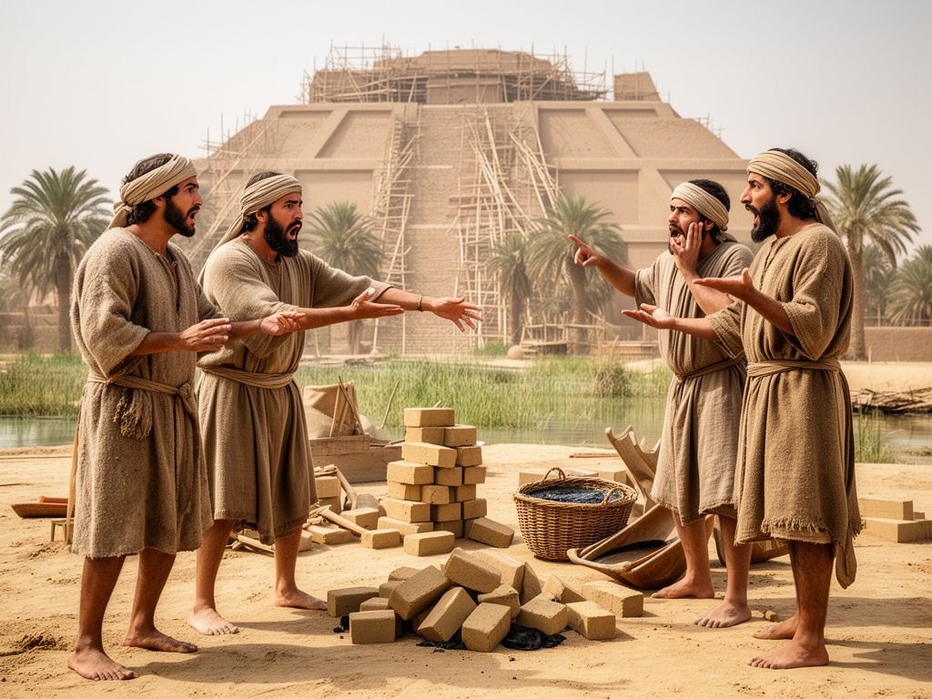 Dois grupos de trabalhadores parados no meio da construção de um zigurate na planície de Sinear, frente a frente, gesticulando com espanto e sem se entender, tijolos de barro largados no chão entre eles e a torre inacabada ao fundo.