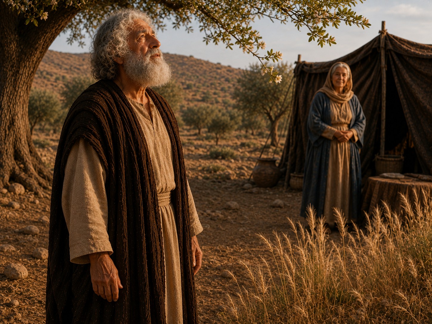 Um homem idoso de barba branca, prostrado com o rosto voltado para o chão diante de uma tenda no deserto, ao entardecer, com a luz dourada do fim da tarde iluminando a areia e as tendas ao fundo.