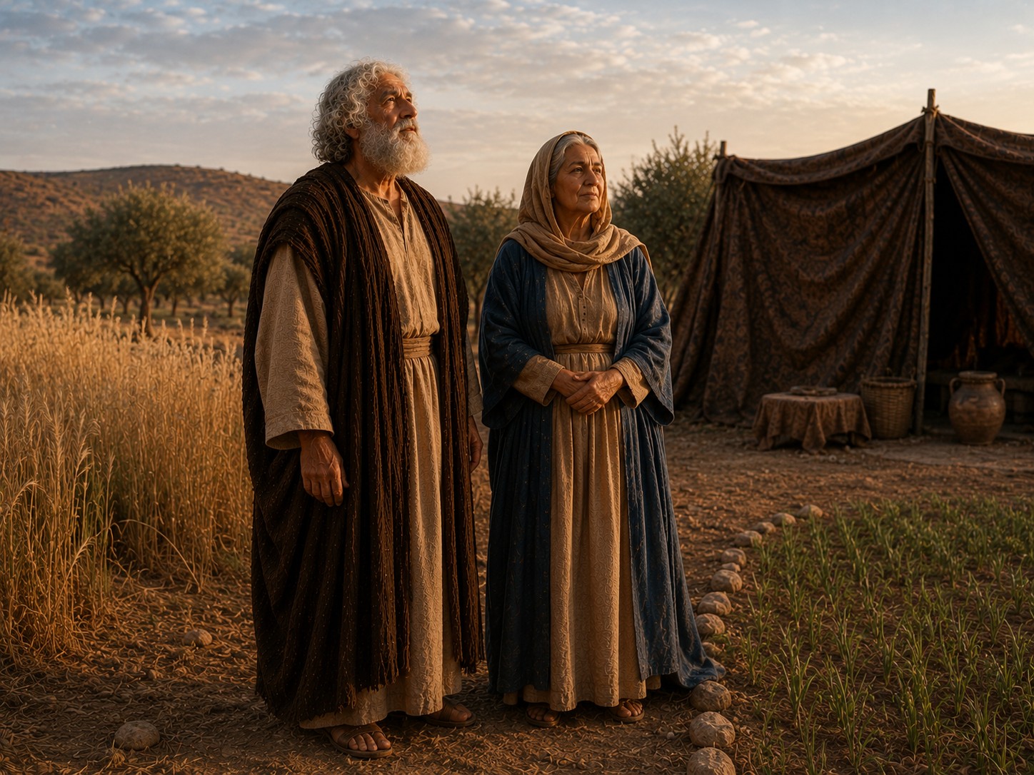 Um homem idoso ajoelhado na entrada de uma tenda de nômade ao fim da tarde, olhando o horizonte do deserto, com um rebanho de ovelhas ao longe e o céu tomado pela luz alaranjada do poente.