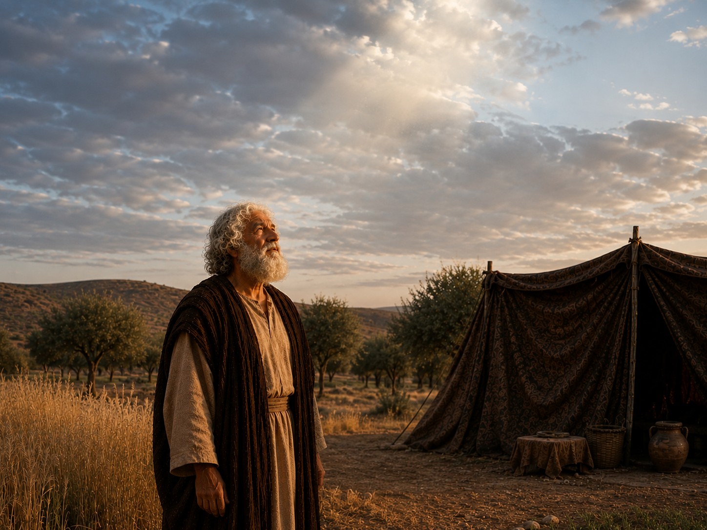Um homem idoso deitado com o rosto voltado para o chão de terra batida, sozinho diante de um horizonte vazio de deserto ao meio-dia, com a luz forte do sol descendo sobre ele e a sombra curta ao seu lado.
