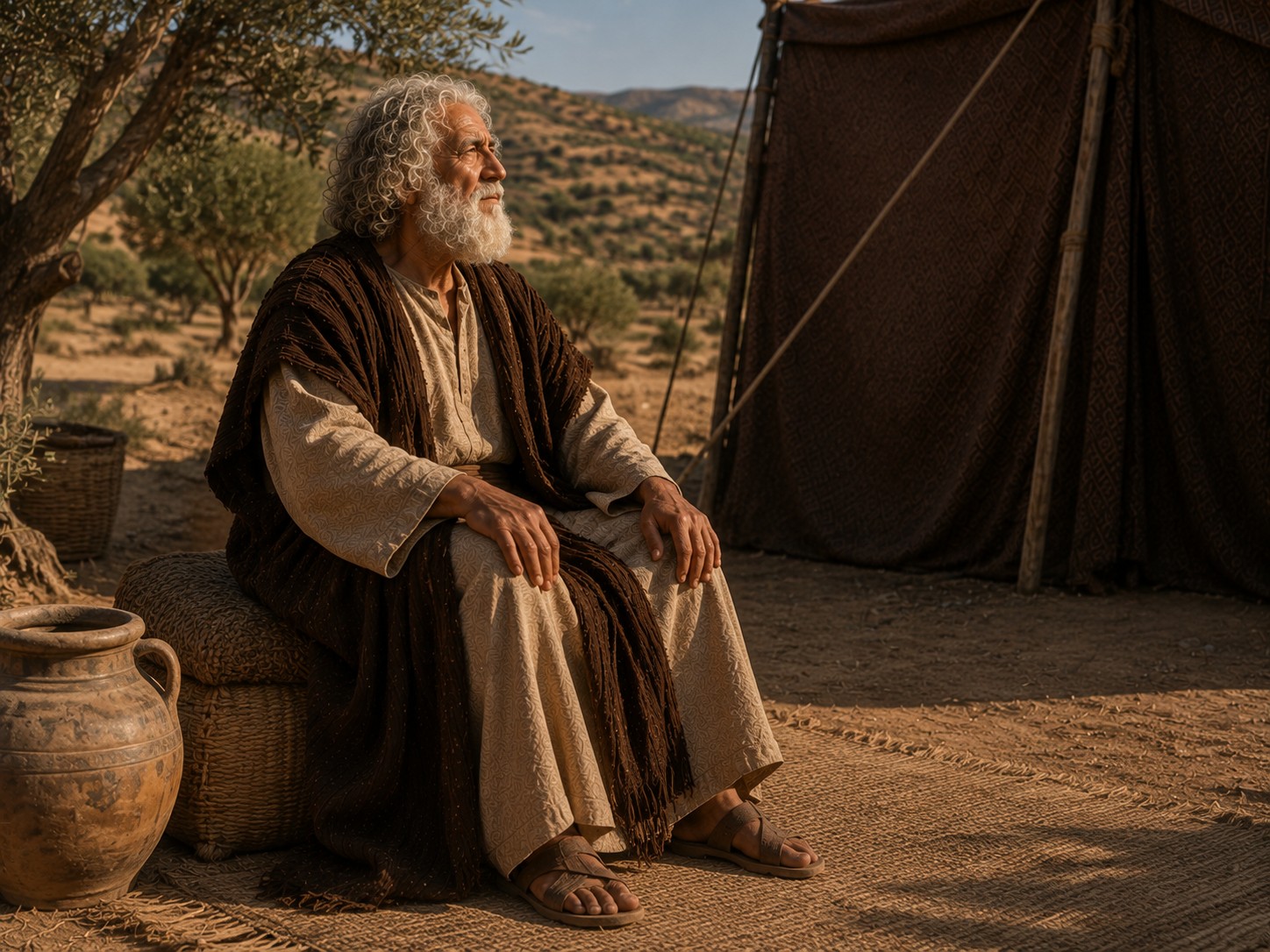 Um homem muito idoso de barba branca sentado à sombra de uma tenda no deserto, com o olhar voltado para o chão e as mãos apoiadas nos joelhos, sob a luz suave do fim da tarde.