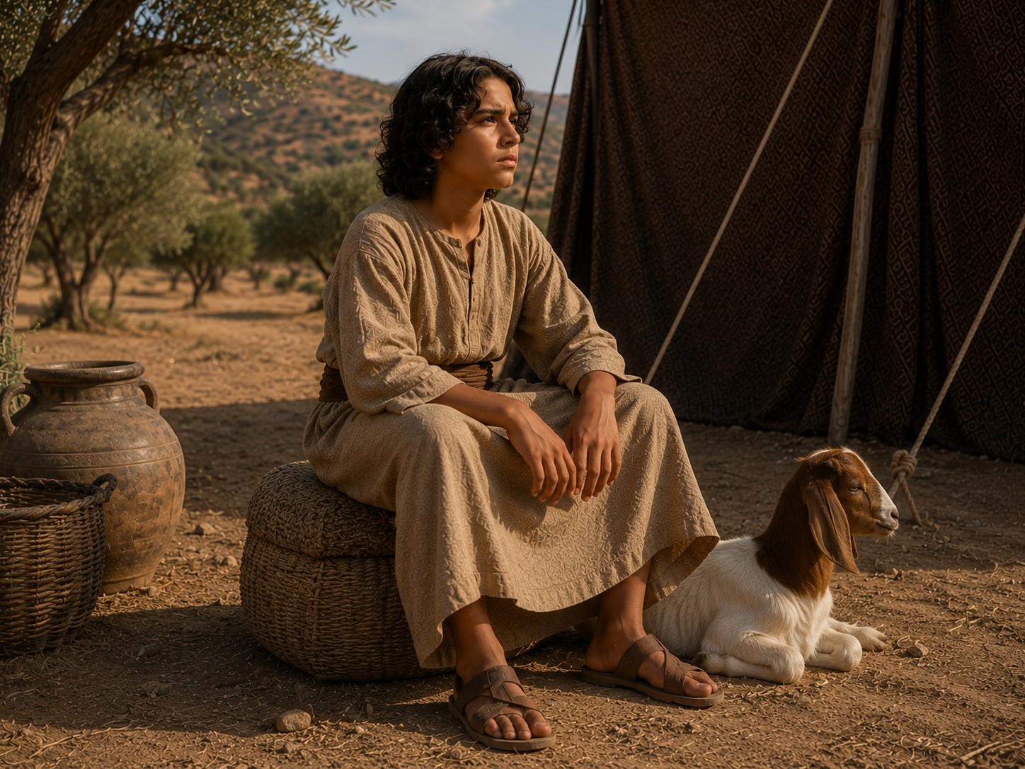 Um adolescente de pele morena e cabelos escuros em pé ao lado de um homem muito idoso diante de uma tenda no deserto, ambos em túnicas simples, sob a luz dourada do fim de tarde, com rebanhos ao fundo.