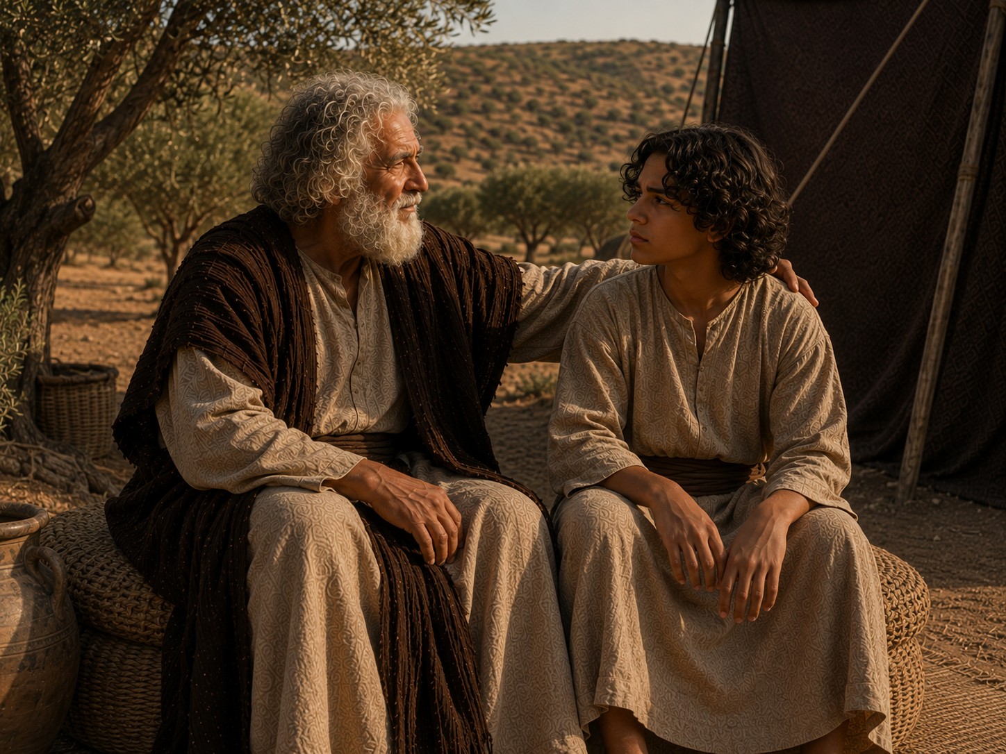 Dois homens de idades muito diferentes, um ancião de barba branca e um adolescente, sentados lado a lado à sombra de uma tenda de pelo de cabra no deserto, com a luz do fim do dia entrando de lado.