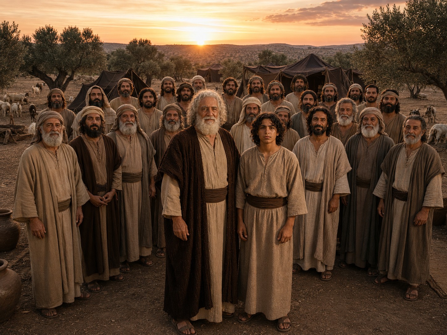 Um grande acampamento de tendas de pelo de cabra no deserto ao entardecer, com dezenas de homens reunidos entre os rebanhos e as fogueiras, sob um céu alaranjado de fim de dia.