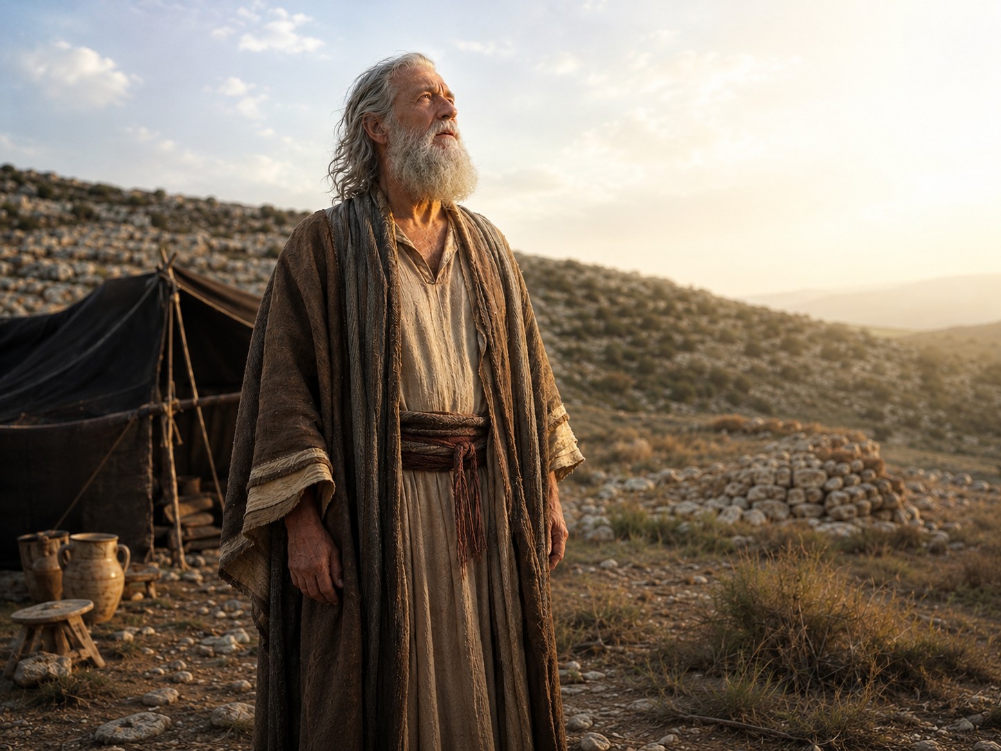 Homem idoso diante de uma tenda no deserto, ao entardecer, com colinas ao fundo.