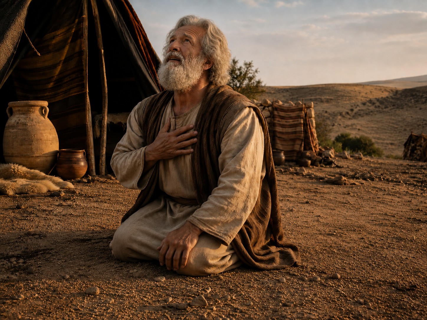 Homem idoso de pé no deserto, com o olhar voltado para o horizonte ao amanhecer.