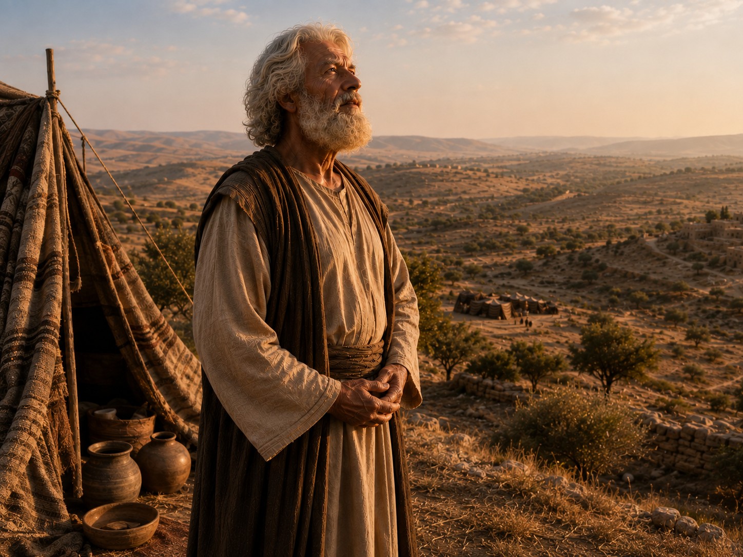Homem idoso ajoelhado no chão árido, ao amanhecer, com as mãos apoiadas na terra.