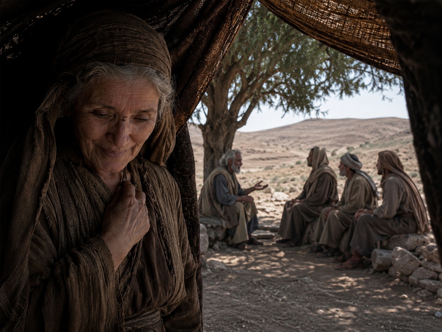Mulher idosa à entrada de uma tenda no deserto, escutando de trás do pano uma conversa entre homens, ao entardecer.