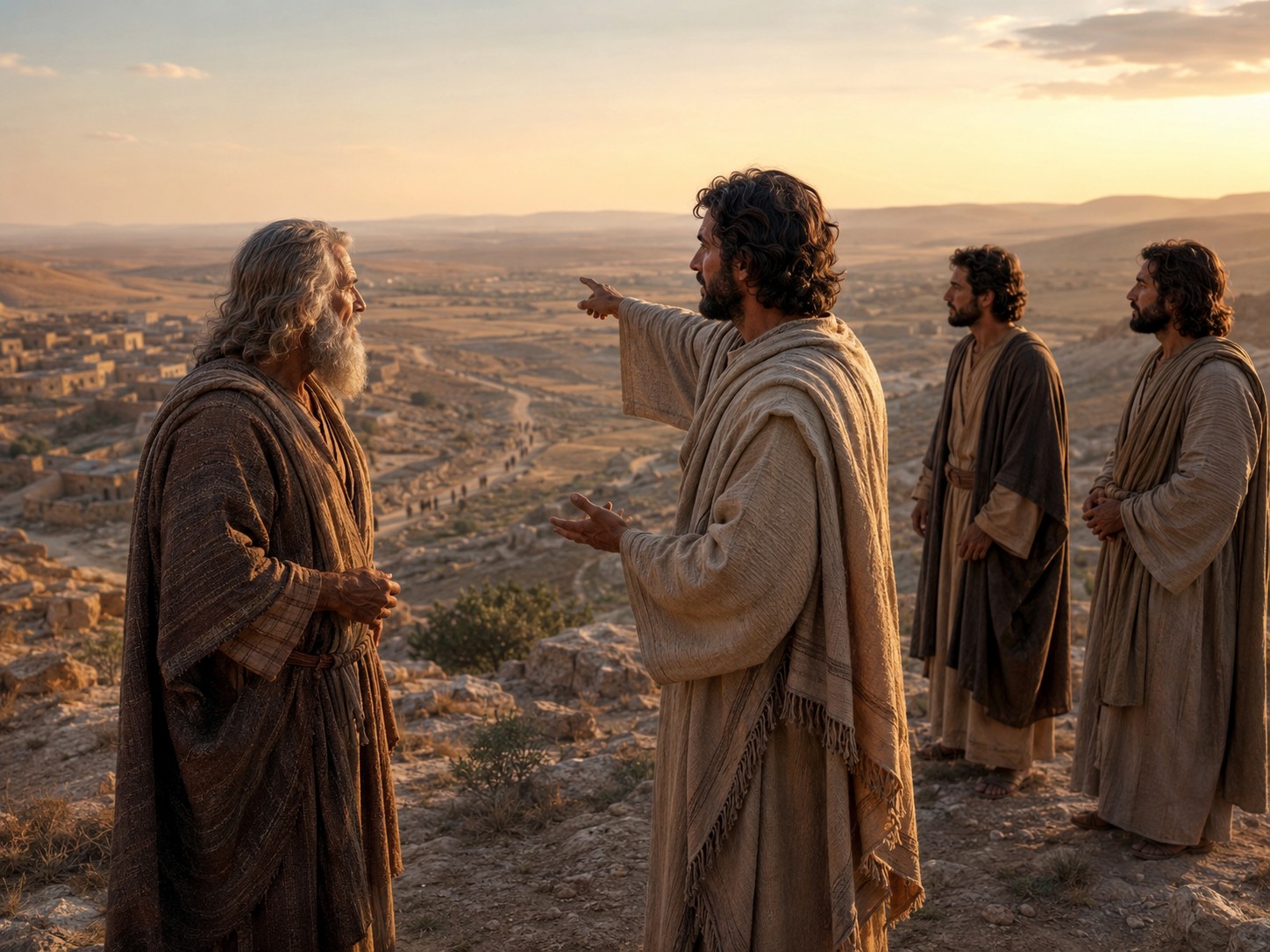 Homem idoso caminhando com três visitantes por um caminho de serra, ao entardecer, com uma planície ao longe.