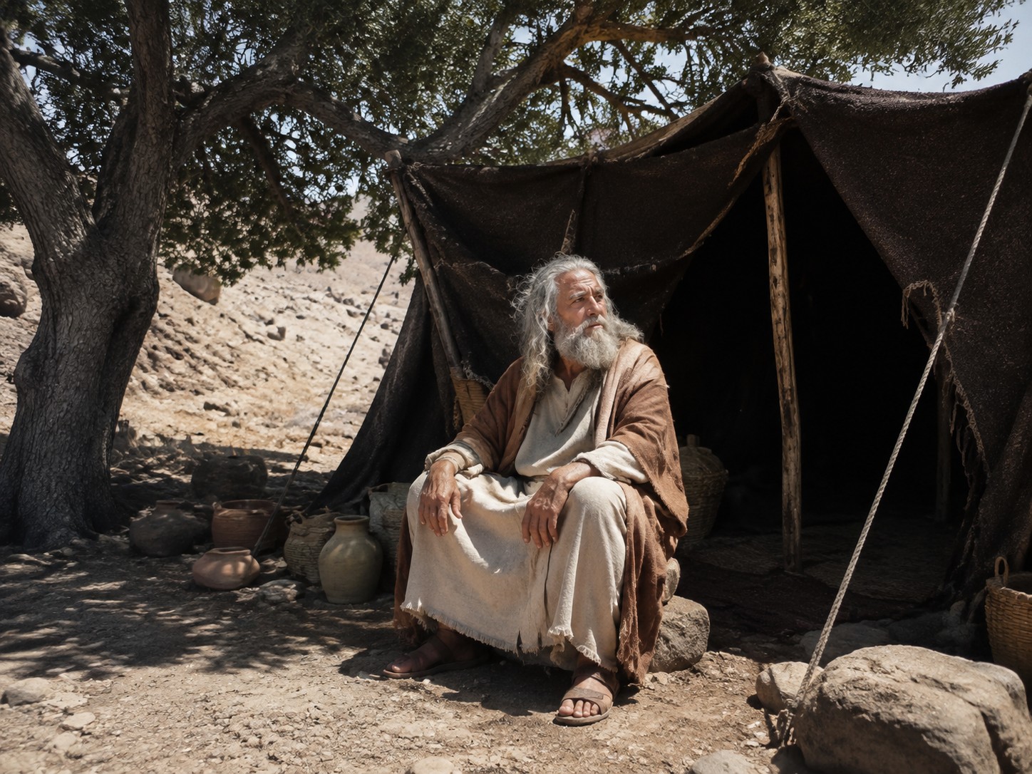 Homem idoso sentado à entrada de uma tenda sob árvores grandes, no calor do meio-dia.