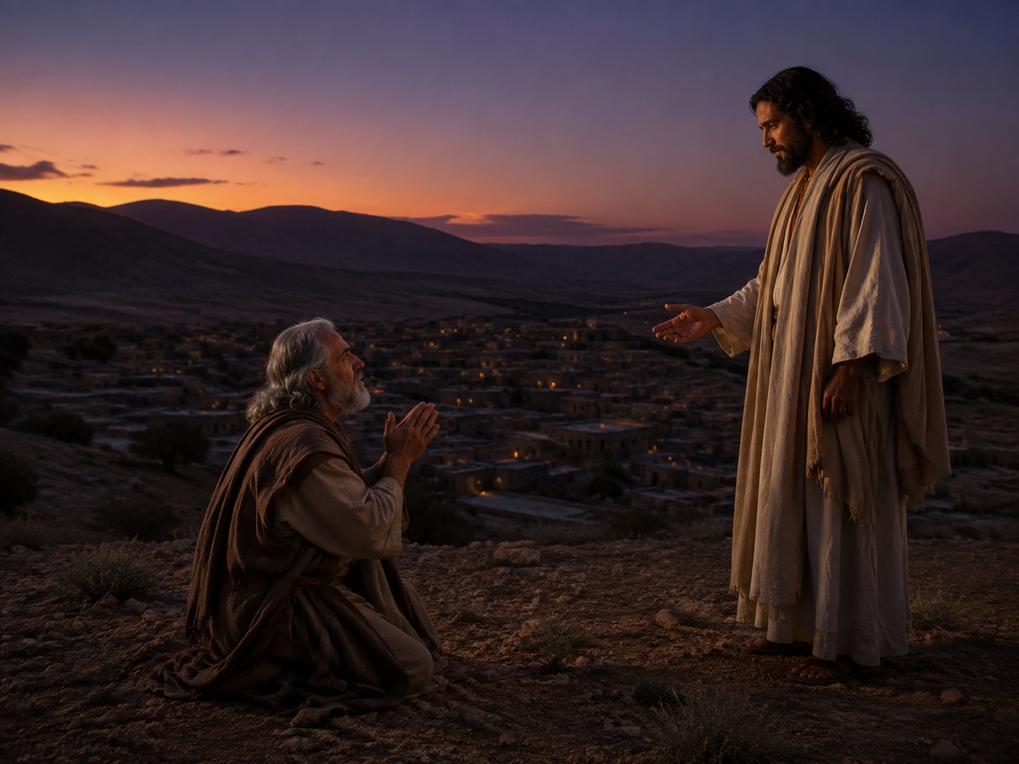 Duas figuras distantes conversando numa colina árida ao entardecer, enquanto uma estrada desce ao vale.