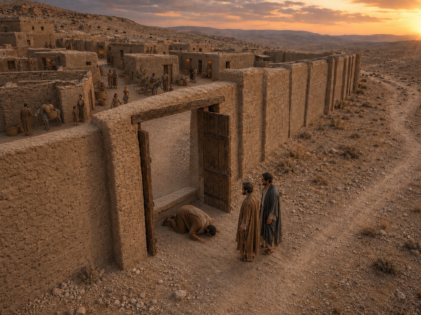 Homem sentado junto ao portão de pedra de uma cidade antiga, ao entardecer, vendo dois viajantes chegarem.