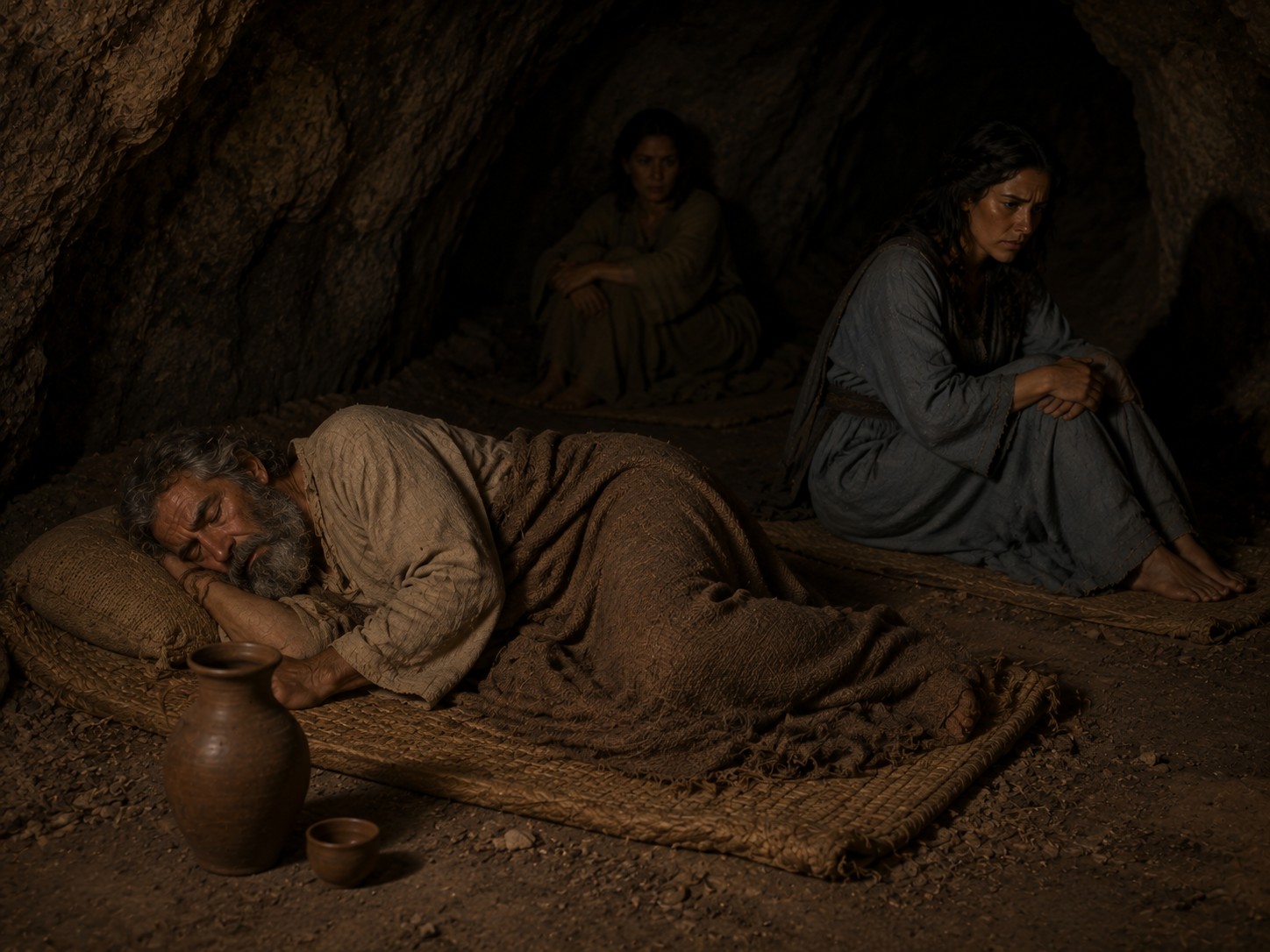 Lamparina de barro quase apagada no chão de uma caverna, com uma sombra recortada na parede de pedra.