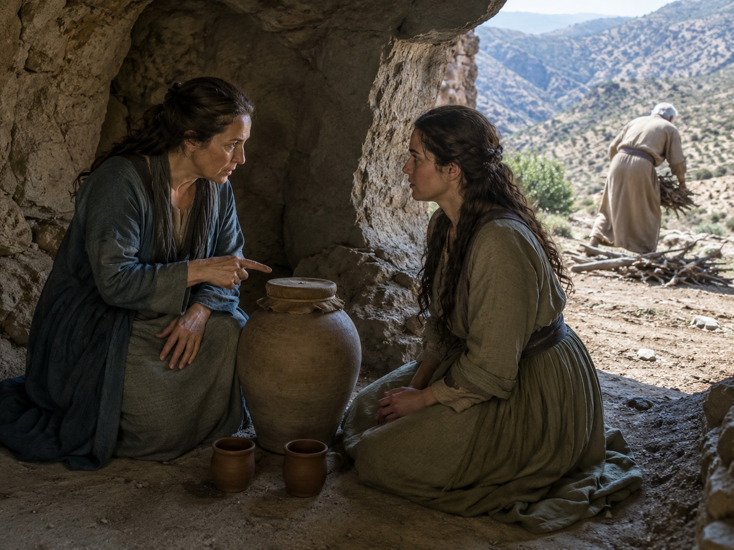 Duas jovens conversando à luz do dia na entrada de uma caverna na encosta rochosa, com a planície árida ao fundo.