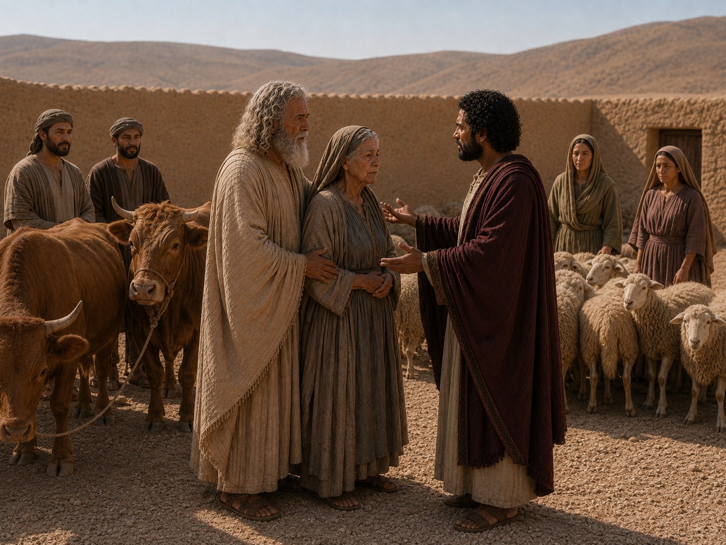 Rebanho de ovelhas e bois conduzido por servos diante de tendas no deserto, com dois homens observando a entrega ao amanhecer.