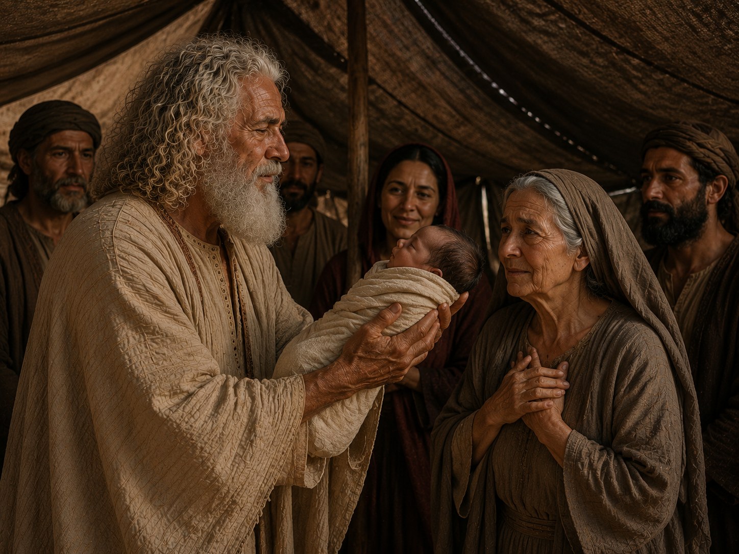 Homem muito idoso de barba branca segurando um recém-nascido diante da entrada de uma tenda, cercado por familiares em silêncio, sob luz de fim de tarde no deserto.