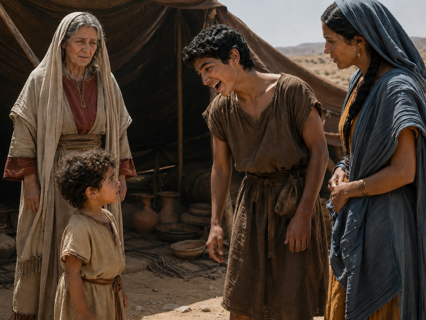 Mulher idosa observando à distância, sob a sombra de uma tenda, dois meninos de idades diferentes junto a mesas de festa ao ar livre no deserto.