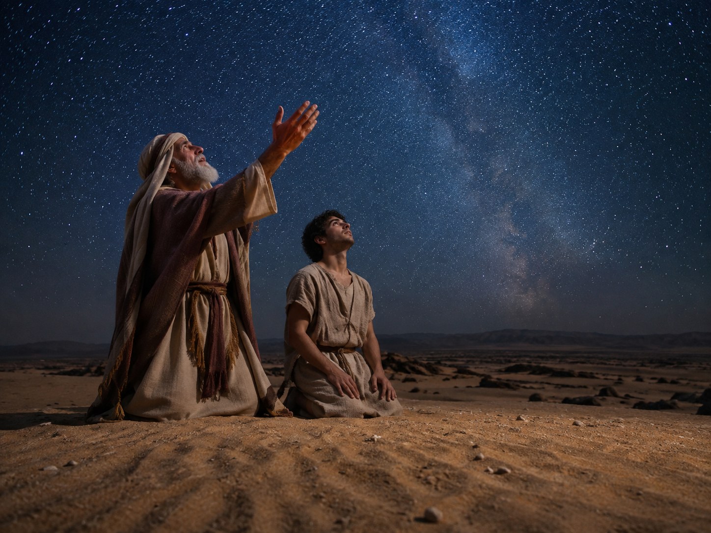 Céu noturno cheio de estrelas sobre uma praia deserta de areia clara, com a linha da muralha de uma cidade antiga recortada ao longe no horizonte.