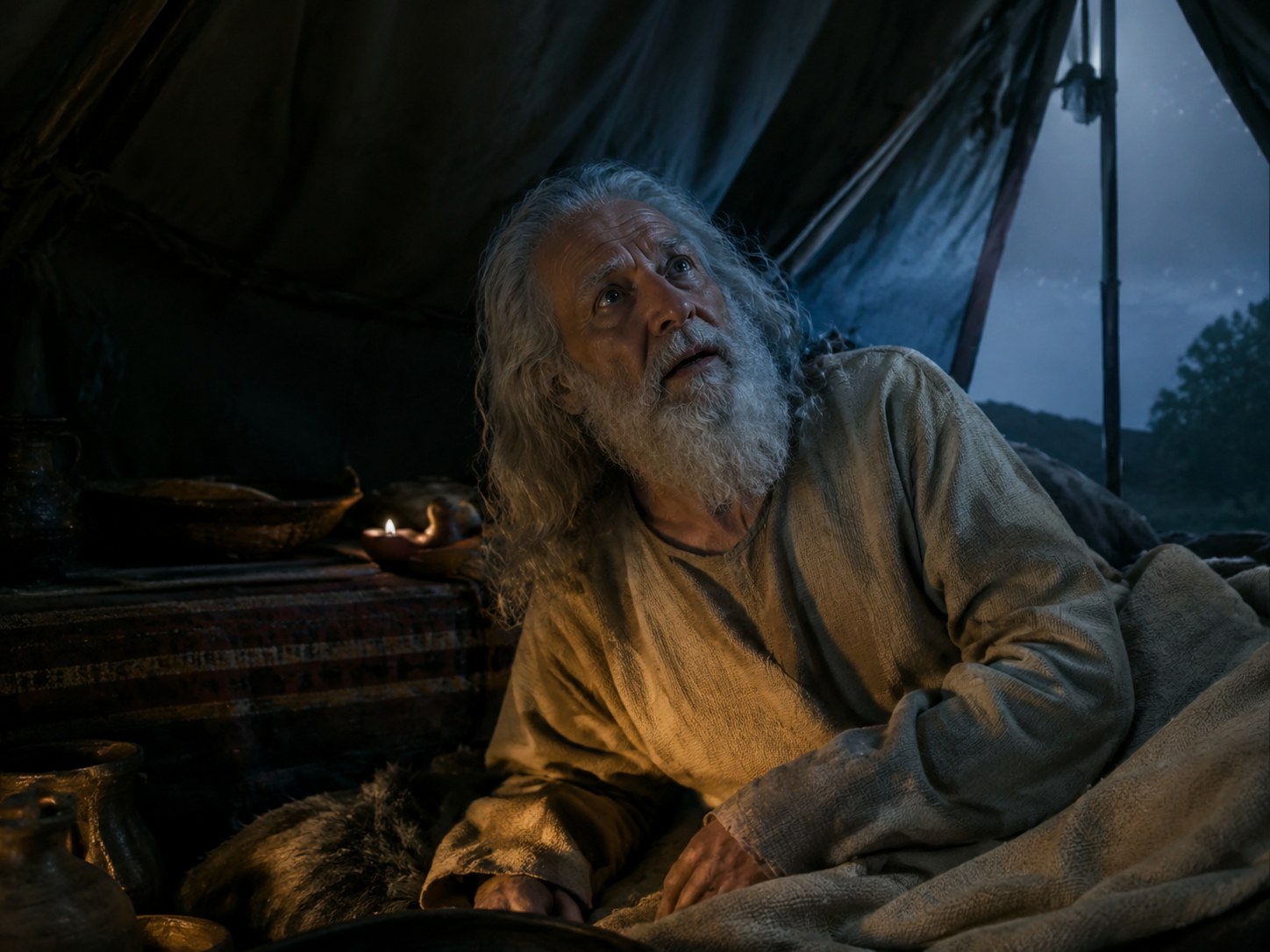 Homem idoso de túnica em pé no escuro diante de uma tenda, cabeça erguida como quem acaba de ouvir o próprio nome ser chamado, com o deserto ao fundo sob luz de madrugada.