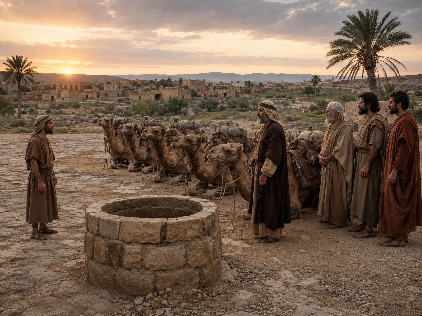 Camelos ajoelhados junto a um poço de pedra fora dos muros de uma cidade antiga, ao entardecer, com mulheres carregando cântaros no caminho ao fundo.