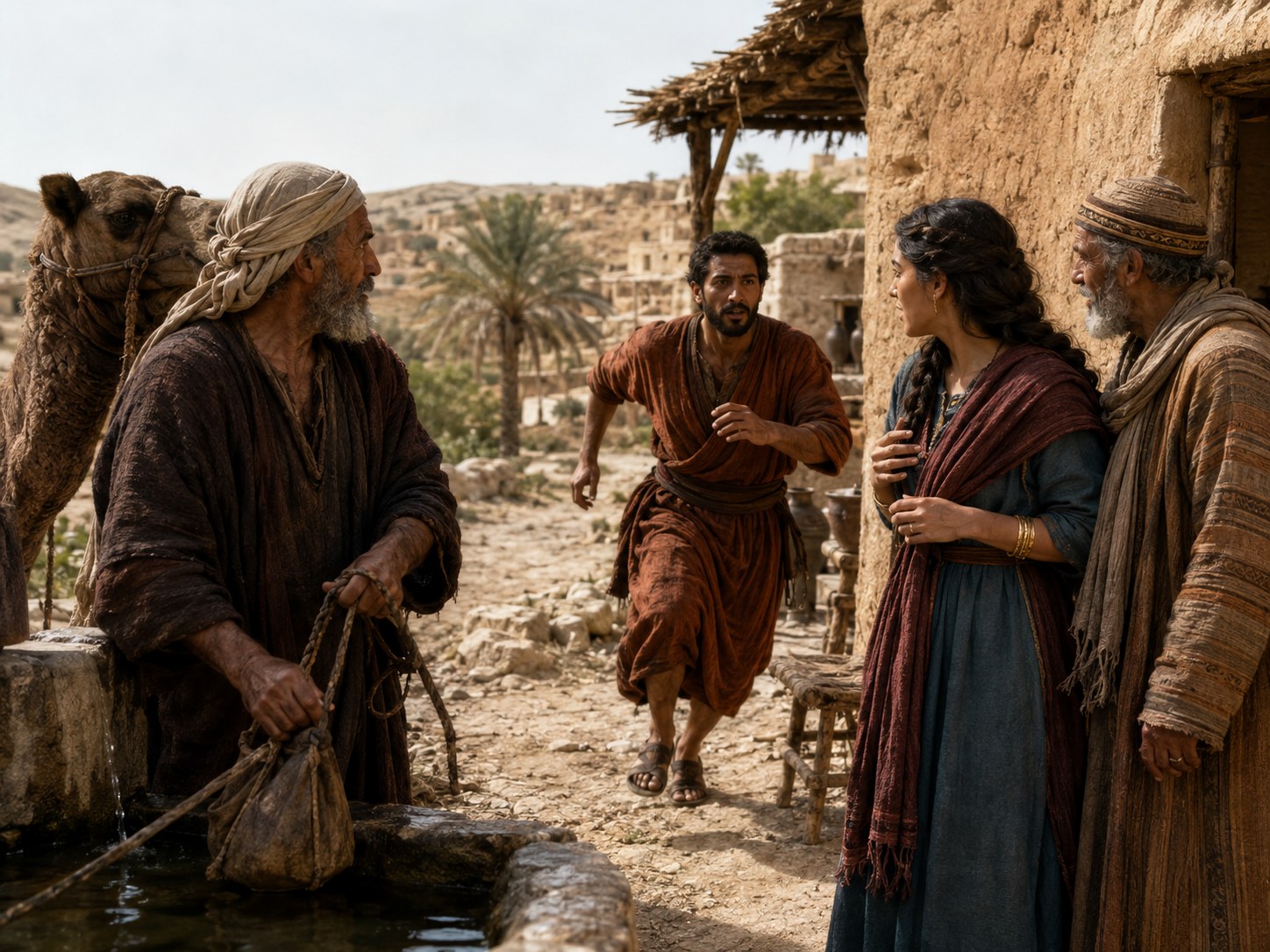 Homem observando os braceletes de ouro nos pulsos de uma jovem à porta de uma casa de barro, ao entardecer, com camelos e uma fonte ao fundo.