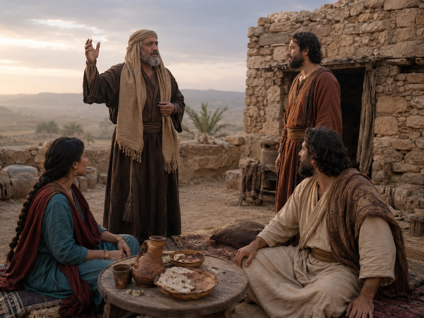 Grupo de homens sentados em torno de uma fogueira ao entardecer no deserto, com camelos ao fundo e tendas simples, partilhando pão e bebida em silêncio.