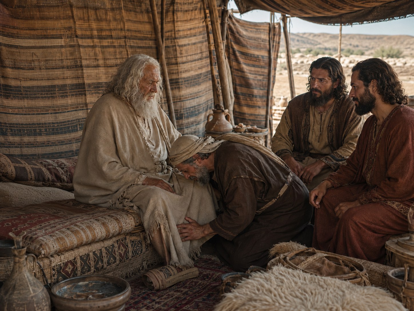 Duas mãos de homens em cena íntima dentro de uma tenda, uma delas estendida em gesto de compromisso, luz baixa de lamparina e tecidos escuros ao redor.